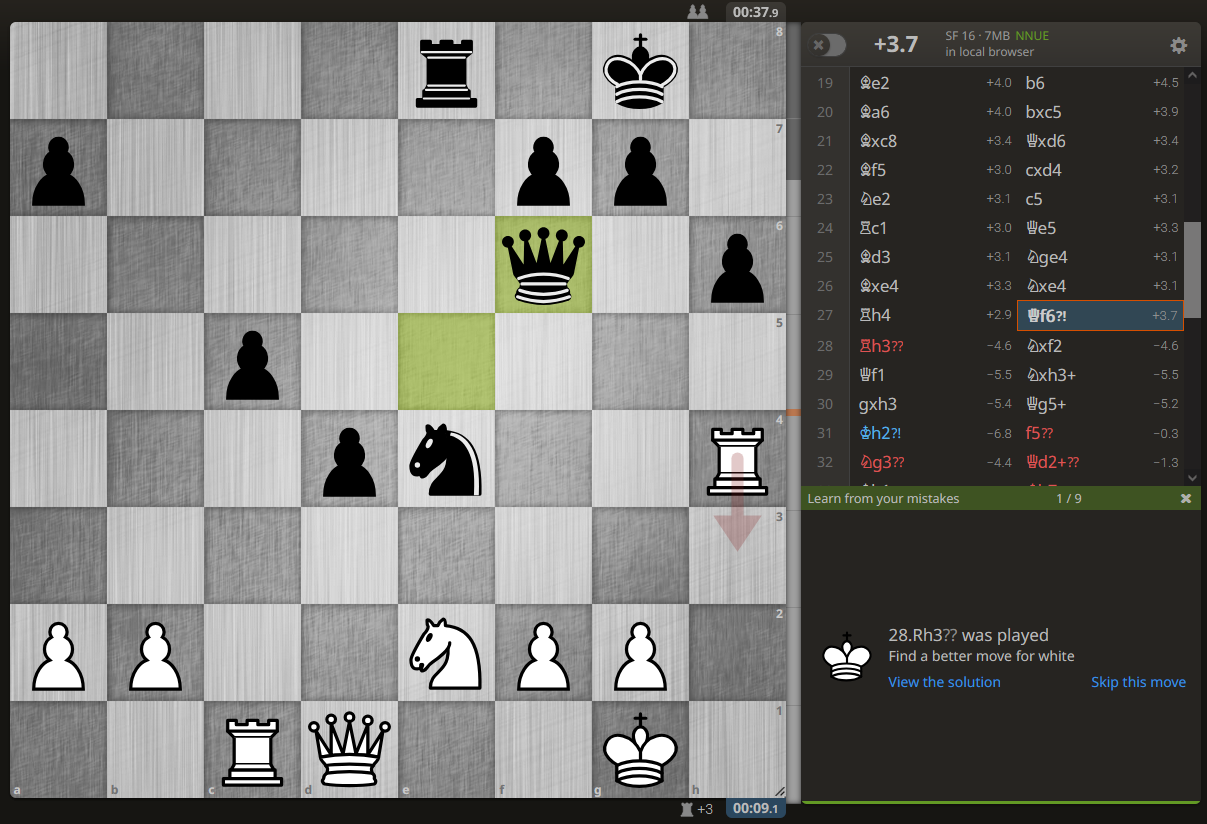 Computer eval +3.6 for white. 28.Rh3?? was played. Find a better move for white. White clock 9.1s. Black clock 37.9s. FEN 4r1k1/p4pp1/5q1p/2p5/3pn2R/8/PP2NPP1/2RQ2K1 w - - 2 28