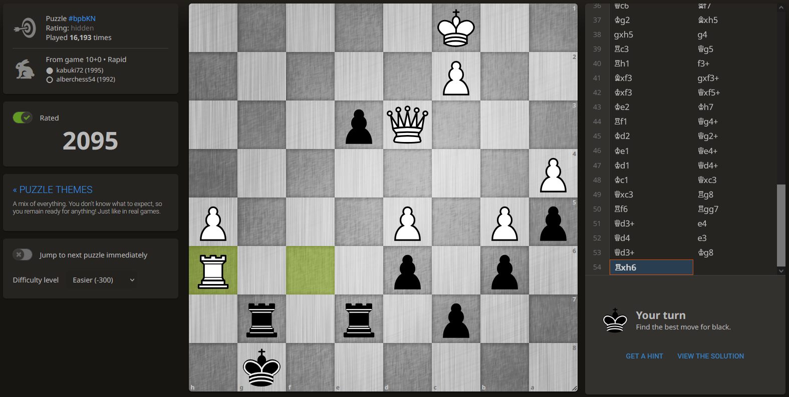 Chess puzzle. Black to move. FEN 4r1k1/p4pp1/5q1p/2p5/3pn2R/8/PP2NPP1/2RQ2K1 w - - 2 28